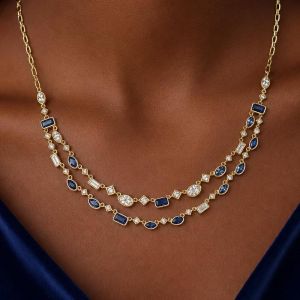 Golden Emerald & Oval & Pear & Marquise Cut Blue & White Sapphire Layered Pendant Necklace