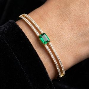 Golden Emerald & Round Cut Emerald & White Sapphire Bangle Bracelet