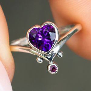 Bezel Heart & Round Cut Amethyst Sapphire Engagement Ring