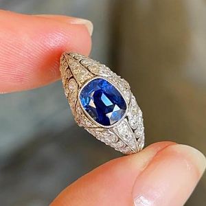 Bezel Milgrain Cushion & Round Cut Blue & White Sapphire Engagement Ring