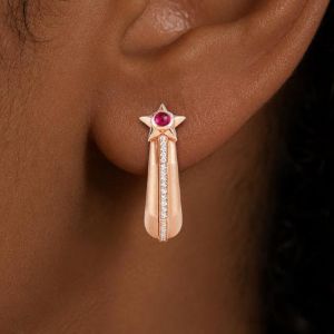 Rose Gold Round Cabochon Cut Ruby & White Sapphire Hoop Earrings