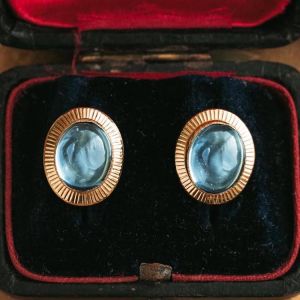 Golden Bezel Oval Cabochon Cut Aquamarine Sapphire Stud Earrings