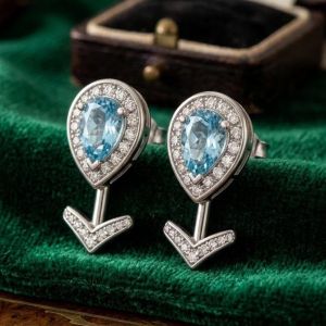 Halo Pear & Round Cut Aquamarine & White Sapphire Drop Earrings
