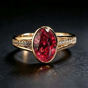 Golden Split Shank Ruby & White Sapphire Oval & Round Cut Engagement Ring