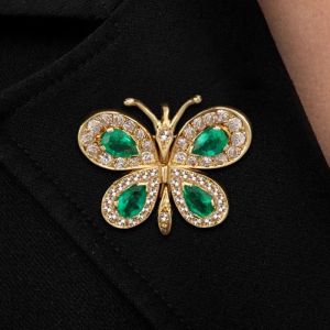Golden Halo Butterfly Pear & Round Cut Emerald & White Sapphire Brooch Pin