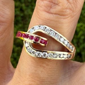 Buckle Design Round Cut Ruby & White Sapphire Engagement Ring