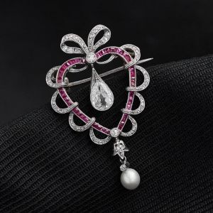 Heart Shape Pear & Round Cut White & Ruby Sapphire & White Pearl Brooch