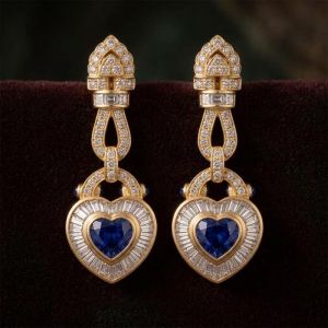 Golden Halo Heart & Baguette & Round Cut Blue & White Sapphire Drop Earrings