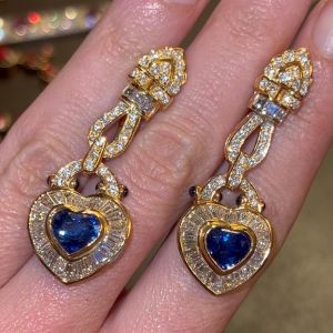 Golden Halo Heart & Baguette & Round Cut Blue & White Sapphire Drop Earrings