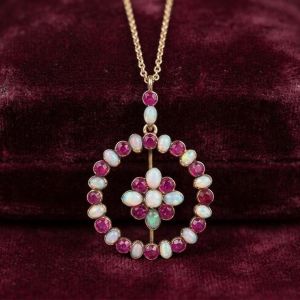 Golden Bezel Round & Oval Cut Opal & Ruby Sapphire Pendant Necklace