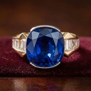 Two Tone Cushion & Baguette Cut Blue & White Sapphire Engagement Ring