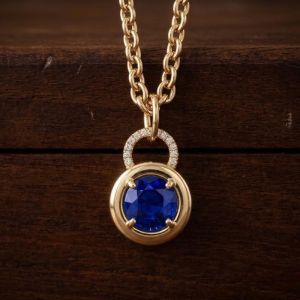Golden Round Cut Blue & White Sapphire Pendant Necklace