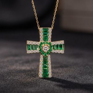 Golden Cross Round & Baguette Cut White & Emerald Sapphire Pendant Necklace
