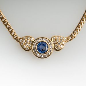 Golden Halo Round Cut Blue & White Sapphire Pendant Necklace