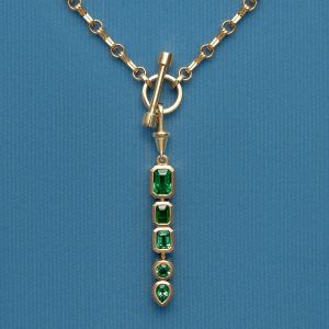 Golden Bezel Emerald & Round & Pear Cut Emerald Sapphire Pendant Necklace