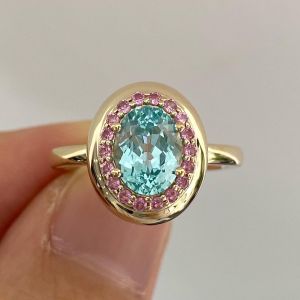 Golden Halo Oval & Round Cut Aquamarine & Pink Sapphire Engagement Ring