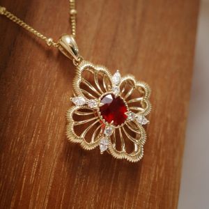 Golden Floral Oval & Round & Marquise Cut Ruby & White Sapphire Pendant Necklace