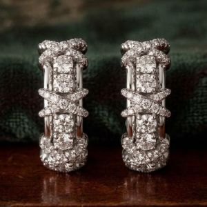 Cross Design Round Cut White Sapphire Hoop Earrings