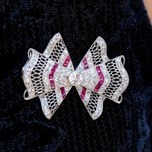 Bow Design Round & Baguette Cut White & Ruby Sapphire Brooch Pin
