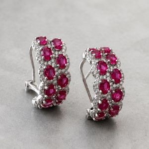 Halo Oval & Round Cut Ruby & White Sapphire Hoop Earrings