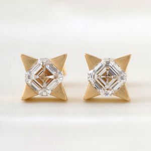 Golden Star Solitaire Asscher Cut White Sapphire Stud Earrings