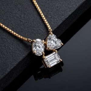 Three Stone Emerald & Oval & Heart Cut White Sapphire Pendant Necklace