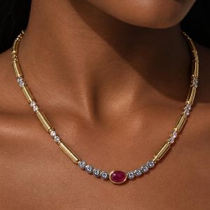Two Tone Oval Cabochon & Round Cut Ruby & White Sapphire Tennis Necklace