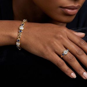 Bezel Round & Oval Cut White & Blue Sapphire Three Stone Engagement Ring & Tennis Bracelet Set