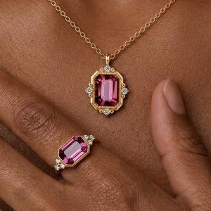 Golden Bezel Emerald Cut Ruby Sapphire Engagement Ring & Pendant Necklace Set
