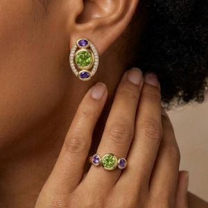 Three Stone Round & Oval Cut Peridot & Amethyst Sapphire Engagement Ring & Drop Earrings Set