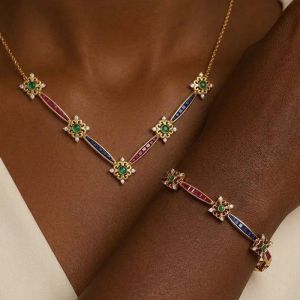 Golden Round & Baguette Cut Emerald & Ruby & Blue Sapphire Pendant Necklace & Tennis Bracelet Set