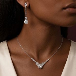 Floral Design Round Cut White Sapphire Drop Earrings & Pendant Necklace Set