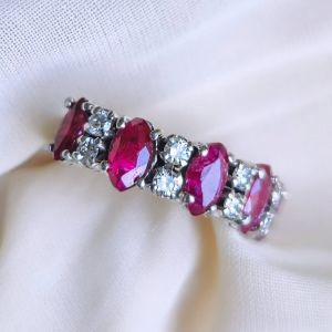 Marquise & Round Cut Ruby & White Sapphire Half Eternity Wedding Band Ring