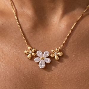 Golden Floral Pear & Round Cut White Sapphire Pendant Necklace