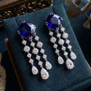 Tassel Cushion & Round & Pear Cut Blue & White Sapphire Drop Earrings