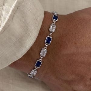 Bezel Emerald Cut Blue & White Sapphire Tennis Bracelet