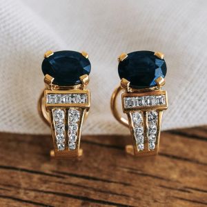 Golden Oval & Asscher & Round Cut Blue & White Sapphire Drop Earrings