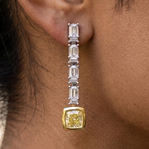 Two Tone Cushion & Baguette Cut Yellow & White Sapphire Drop Earrings
