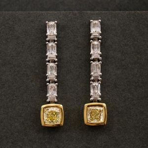 Two Tone Cushion & Baguette Cut Yellow & White Sapphire Drop Earrings