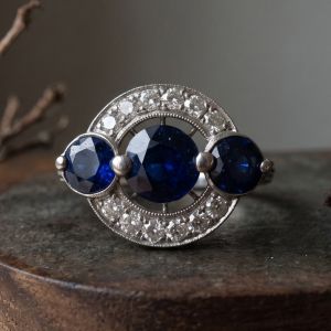 Halo Round Cut Blue & White Sapphire Engagement Ring