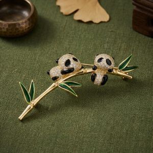 Golden Panda & Bamboo Round Cut White Sapphire Brooch Pin