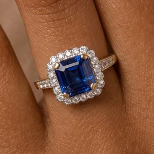 Two Tone Halo Asscher & Round Cut Blue & White Sapphire Engagement Ring