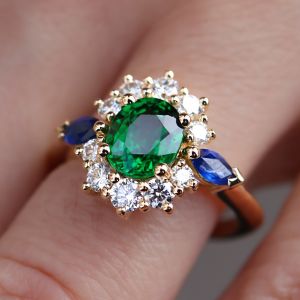 Golden Halo Oval & Round & Marquise Cut Emerald & White & Blue Sapphire Engagement Ring