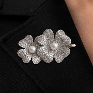 Floral Round Cut Pearl & White Sapphire Brooch Pin