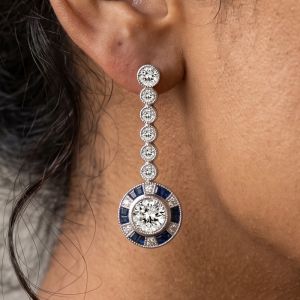 Milgrain Bezel Round & Baguette Cut White & Blue Sapphire Drop Earrings