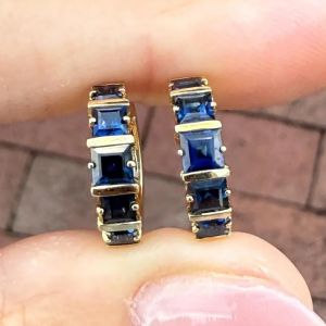 Golden Asscher Cut Blue Sapphire Hoop Earrings