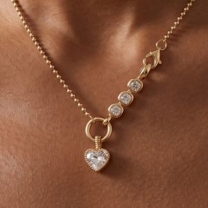 Golden Heart & Cushion Cut White Sapphire Pendant Necklace