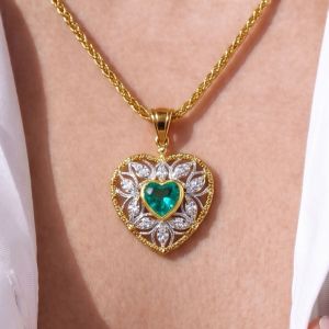 Two Tone Heart & Round Cut Emerald & White Sapphire Pendant Necklace
