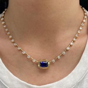 Golden Bezel Cushion & Round Cut Blue & White Sapphire Pendant Necklace