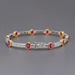 Two Tone Oval & Round Cut Ruby & White Sapphire Tennis Bracelet